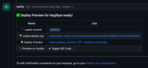 배포 브랜치에 PR이 생성되면 자동으로 Netlify 프리뷰가 만들어진다. GitHub PR 댓글 캡쳐