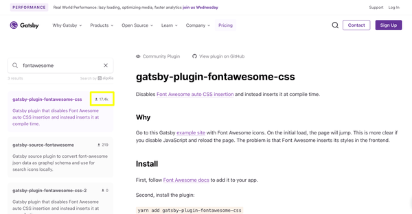 Gatsby Plugins 페이지에서 'fontawesome'으로 검색하면 가장 위에 gatsby-plugin-fontawesome-css 플러그인이 나온다. (2023.4.27 기준)