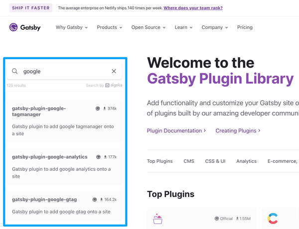 Gatsby Plugins 페이지에서 'google'으로 검색하면 가장 위에 gatsby-plugin-google-tagmanager 플러그인이 나온다. (2023.5.20 기준)