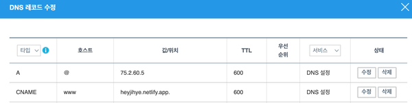 가비아 DNS 레코드로 설정된 값을 새로 변경했다.